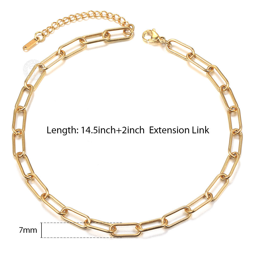 7mm Gold Paperclip Chain Choker Necklace Stainless Steel 14+2inch