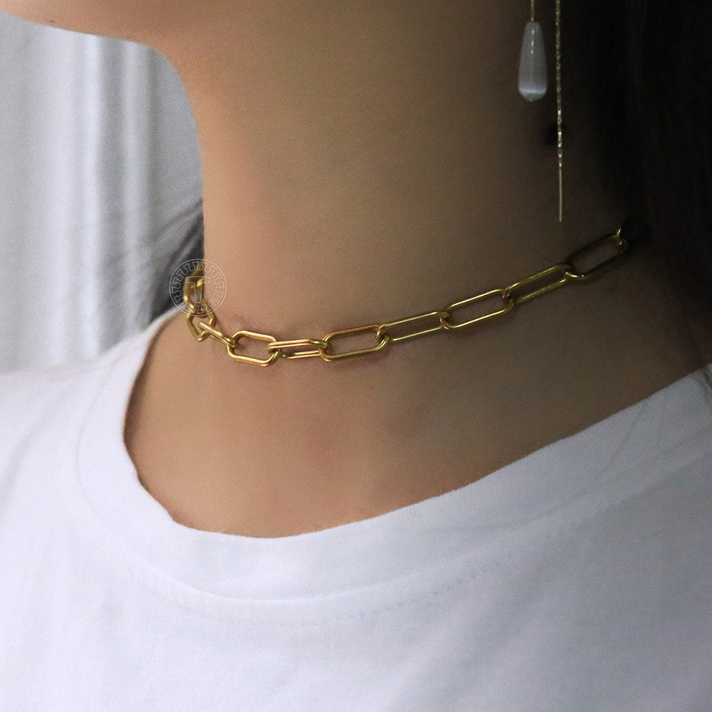 7mm Gold Paperclip Chain Choker Necklace Stainless Steel 14+2inch