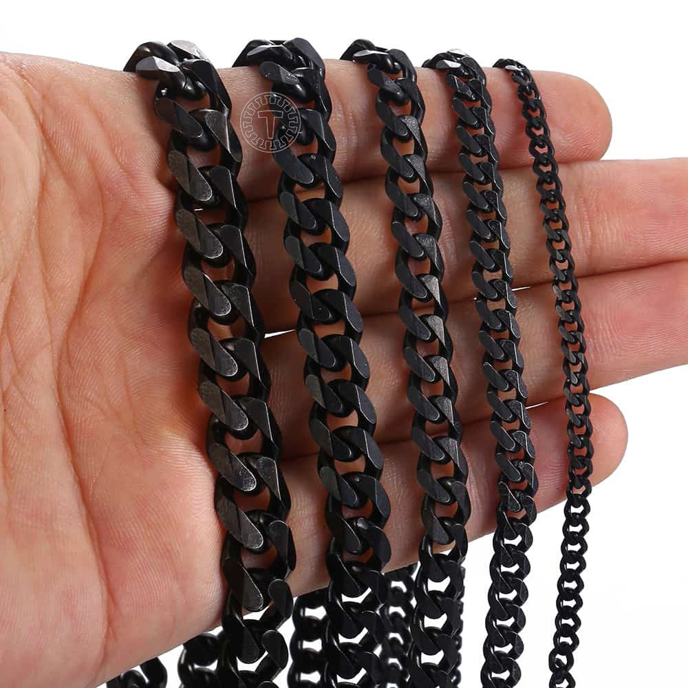 3/5/7/9/11mm Gold Black Cuban Chain Necklace 18-30inch