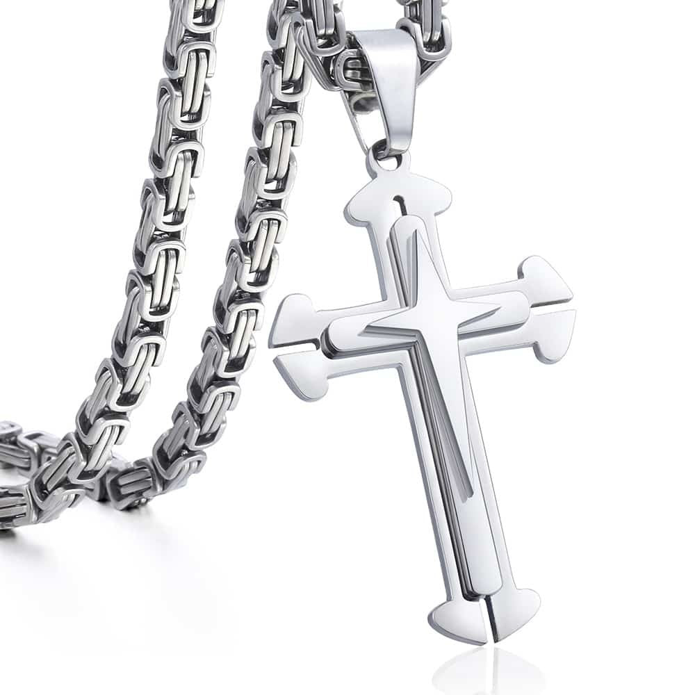 5mm Silver Cross Pendant Necklace Byzantine Chain 18-30inch
