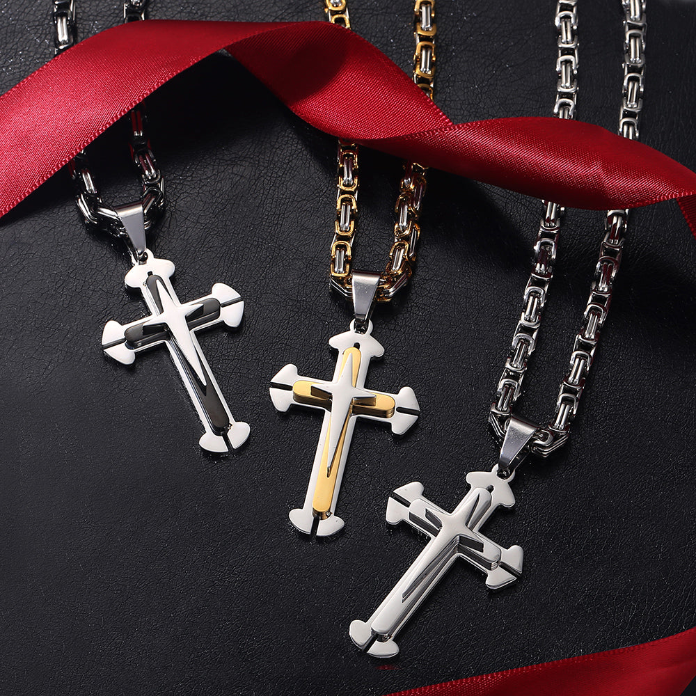 5mm Gold Silver Cross Pendant Necklace Byzantine Chain 18-30inch