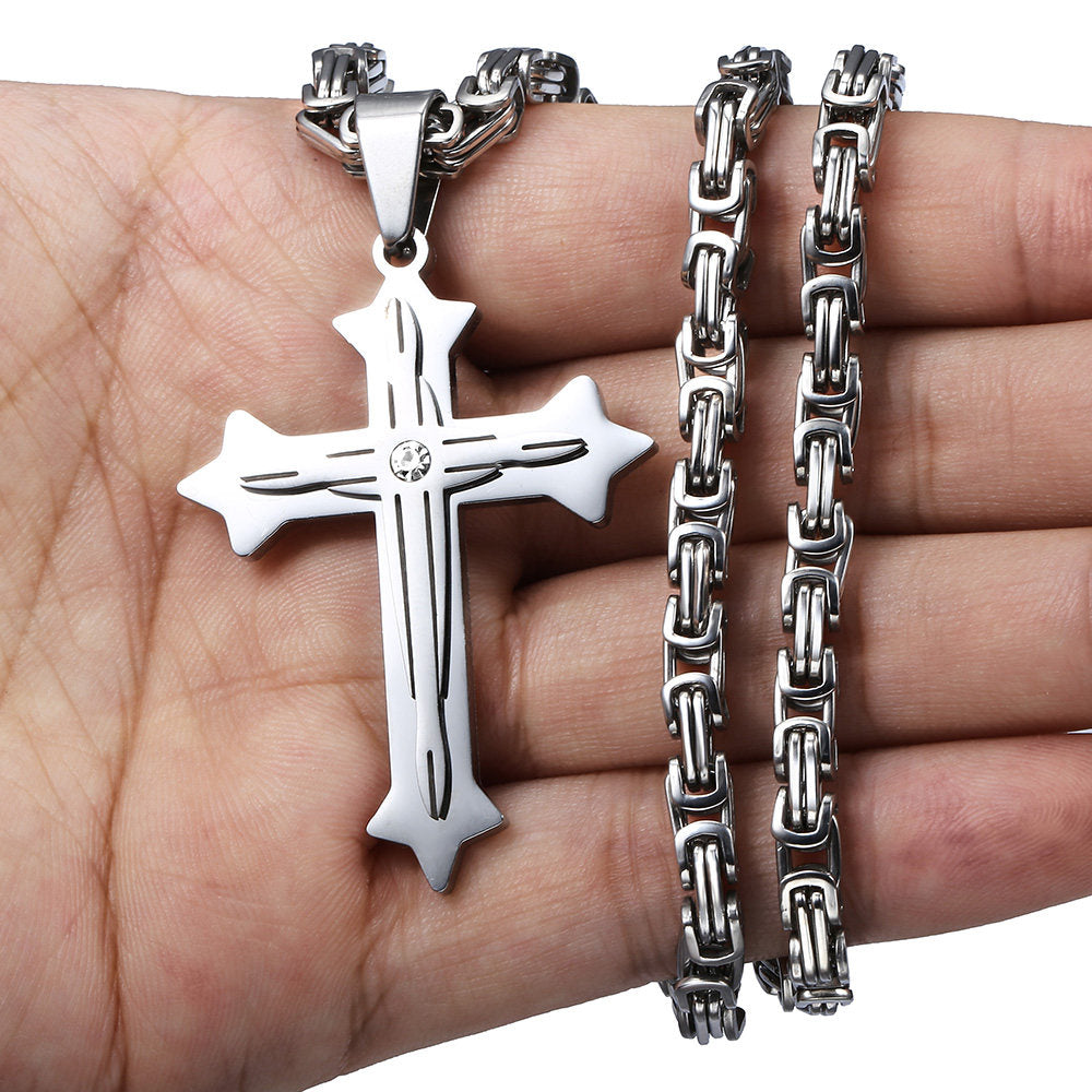 5mm Silver Cross Pendant Necklace Byzantine Chain 18-30inch