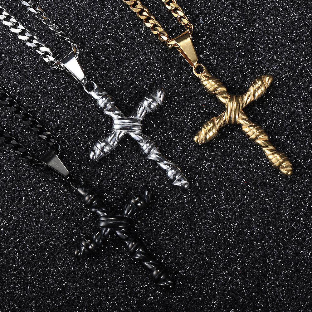 Silver Black Gold Cross Pendant Necklace Cuban Chain 18-24inch