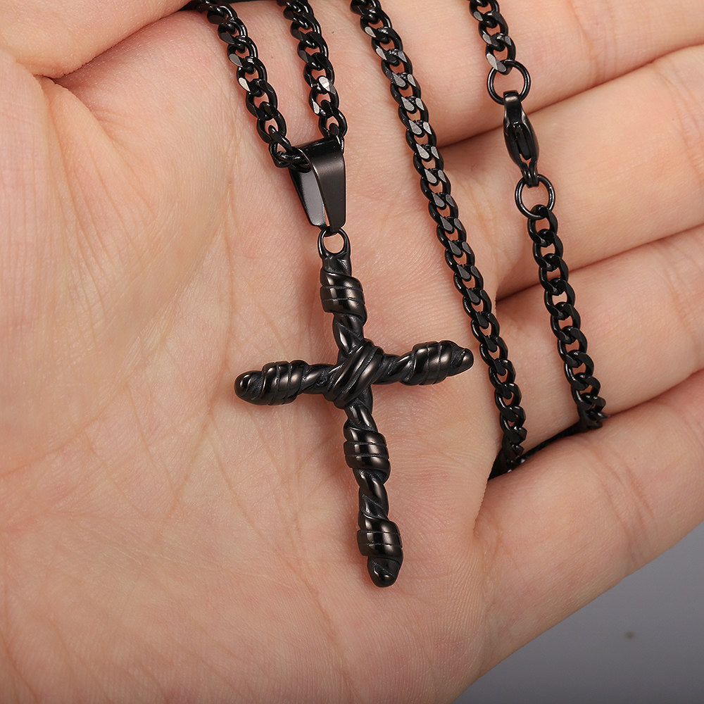 Silver Black Gold Cross Pendant Necklace Cuban Chain 18-24inch