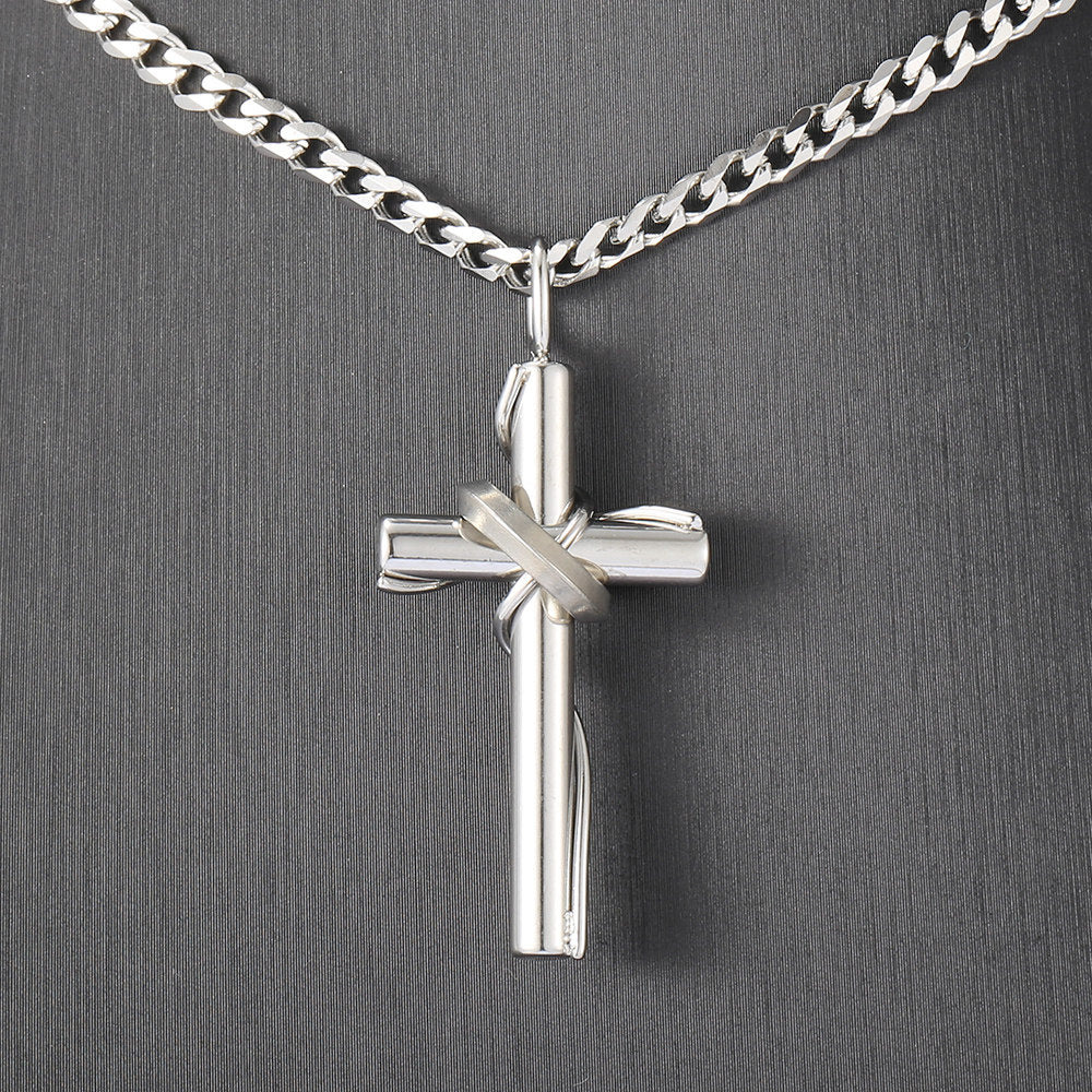 3mm Cross Pendant Necklace Silver Black Cuban Chain