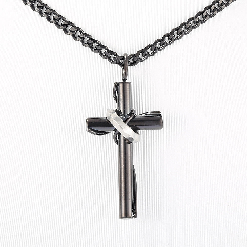 3mm Cross Pendant Necklace Silver Black Cuban Chain