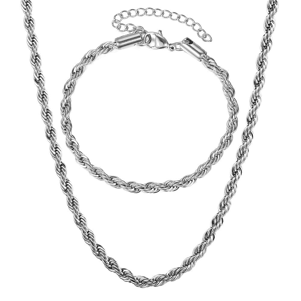 3mm Rope Chain Bracelet Necklace Set Stainless Steel