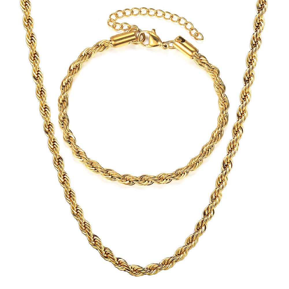 3mm Gold Rope Chain Bracelet Necklace Set Stainless Steel