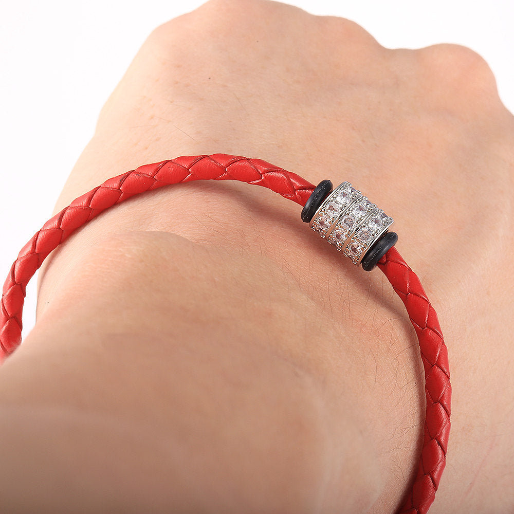 4mm Mens Leather Bracelet CZ Bead Charm Braided Rope Chain