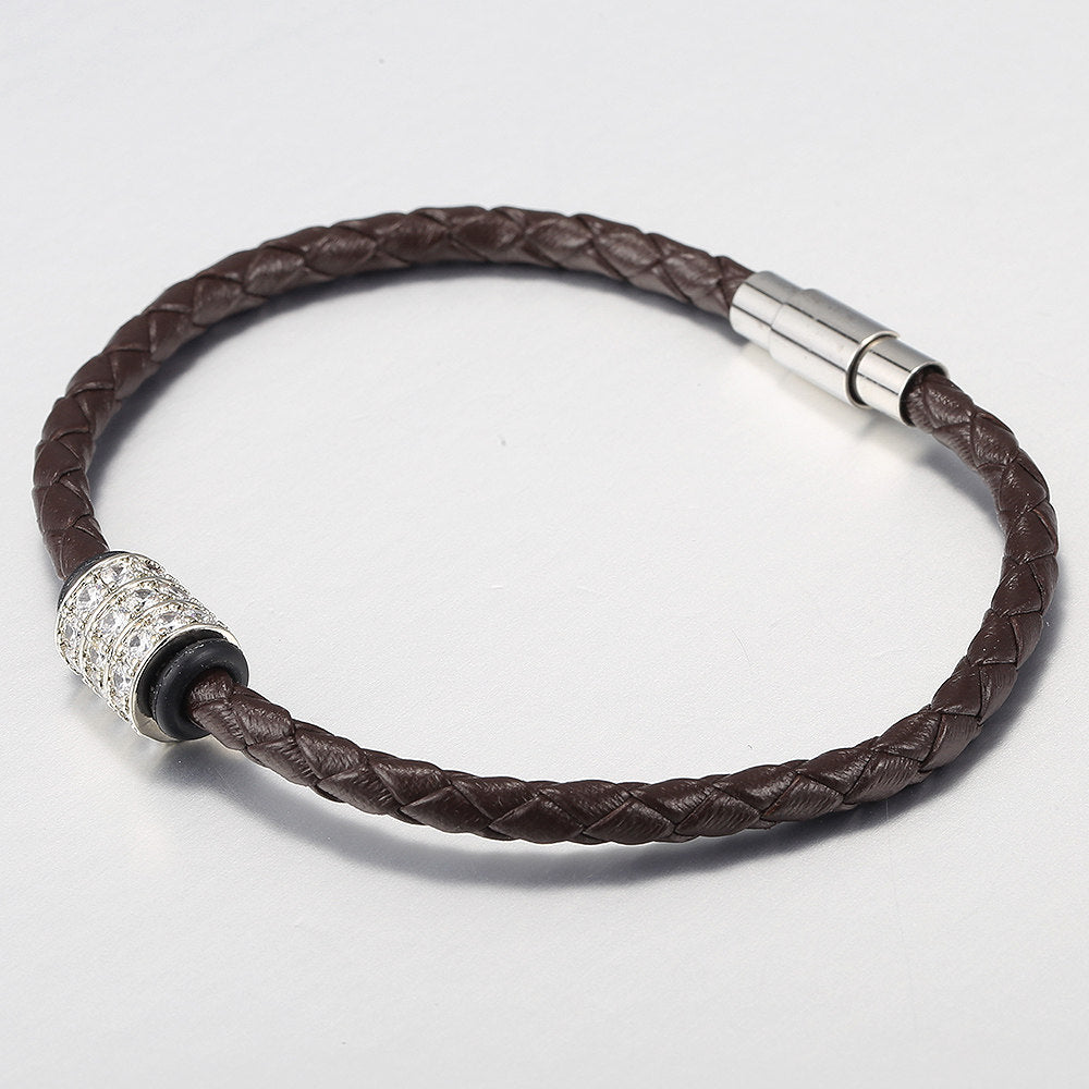 4mm Mens Leather Bracelet CZ Bead Charm Braided Rope Chain