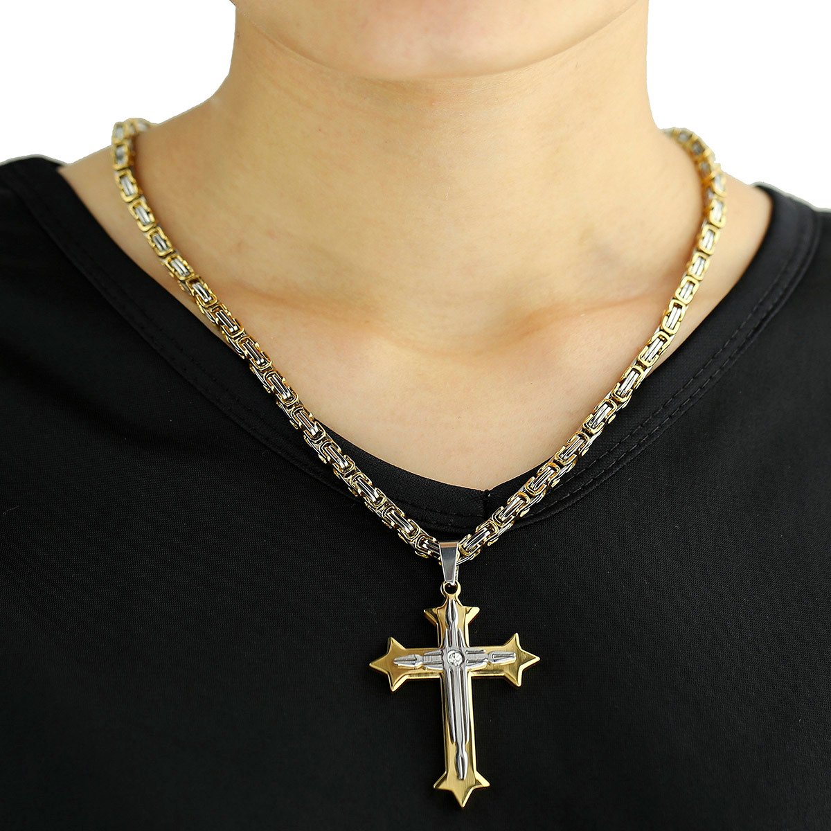 5mm Gold Silver Cross Pendant Necklace Byzantine Chain 18-30inch