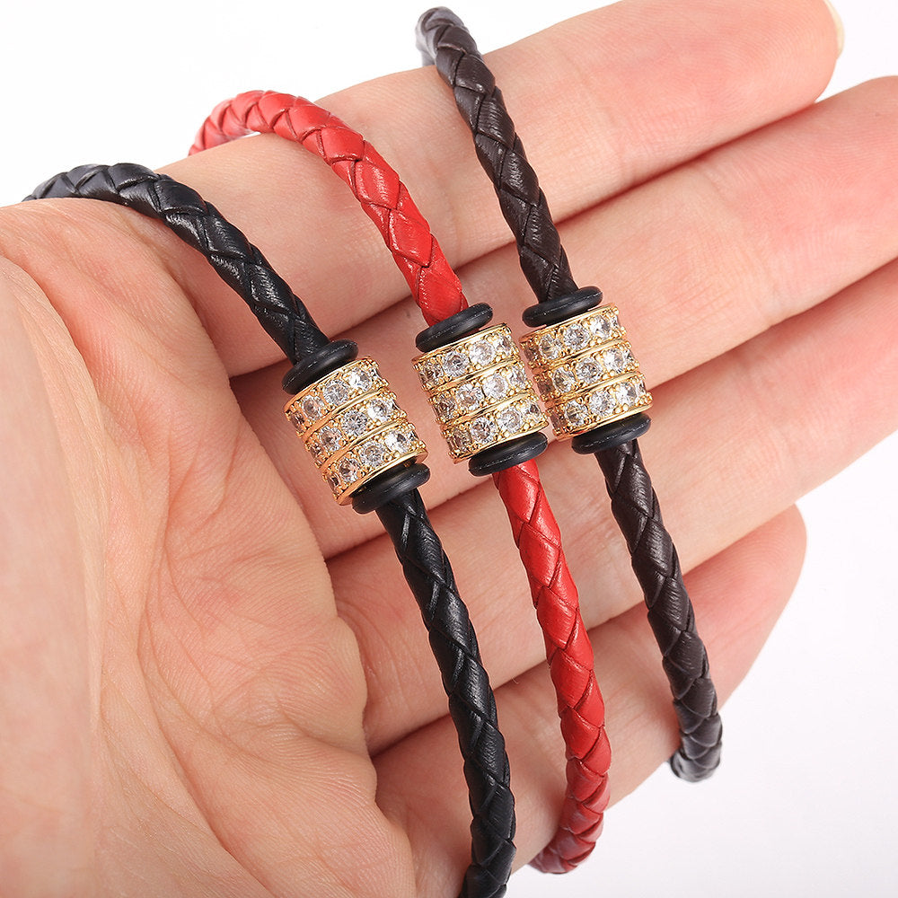 4mm Mens Leather Bracelet CZ Bead Charm Braided Rope Chain