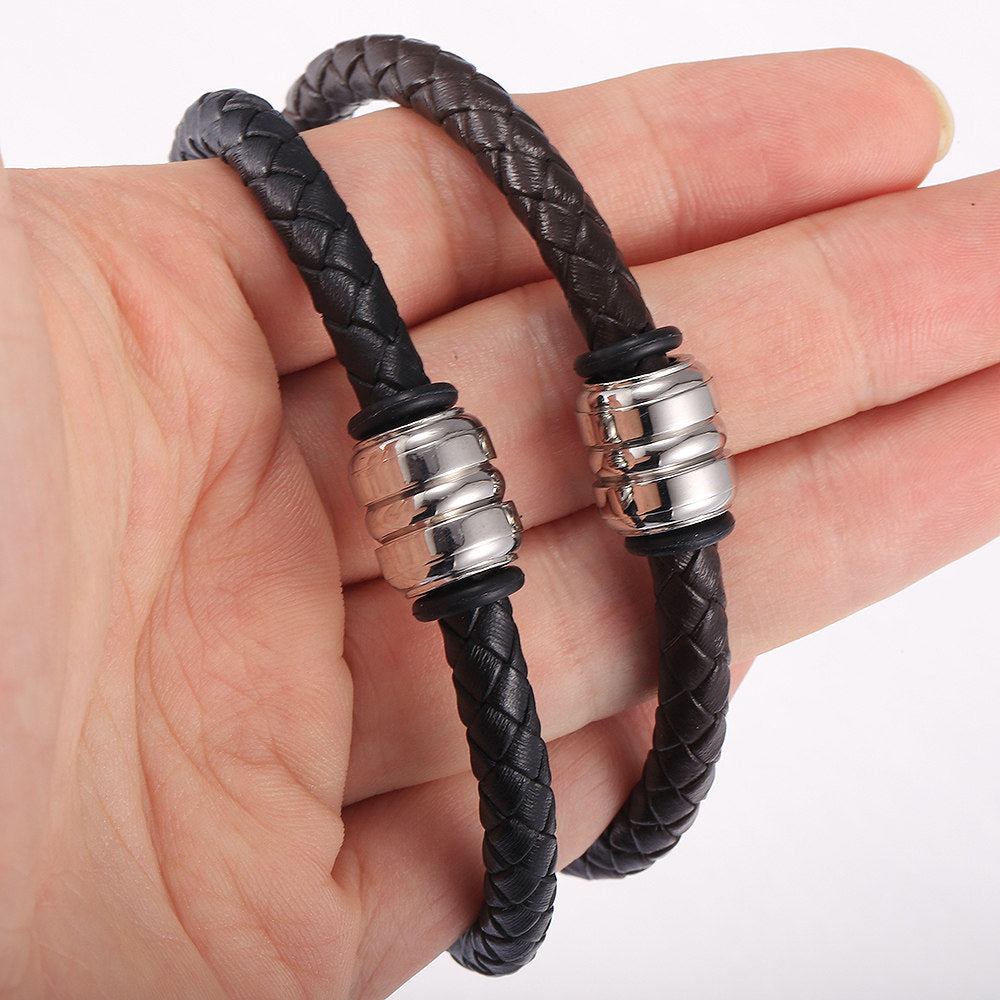 6mm Leather Bracelet Bead Charm Black Brown Braided Rope Chain