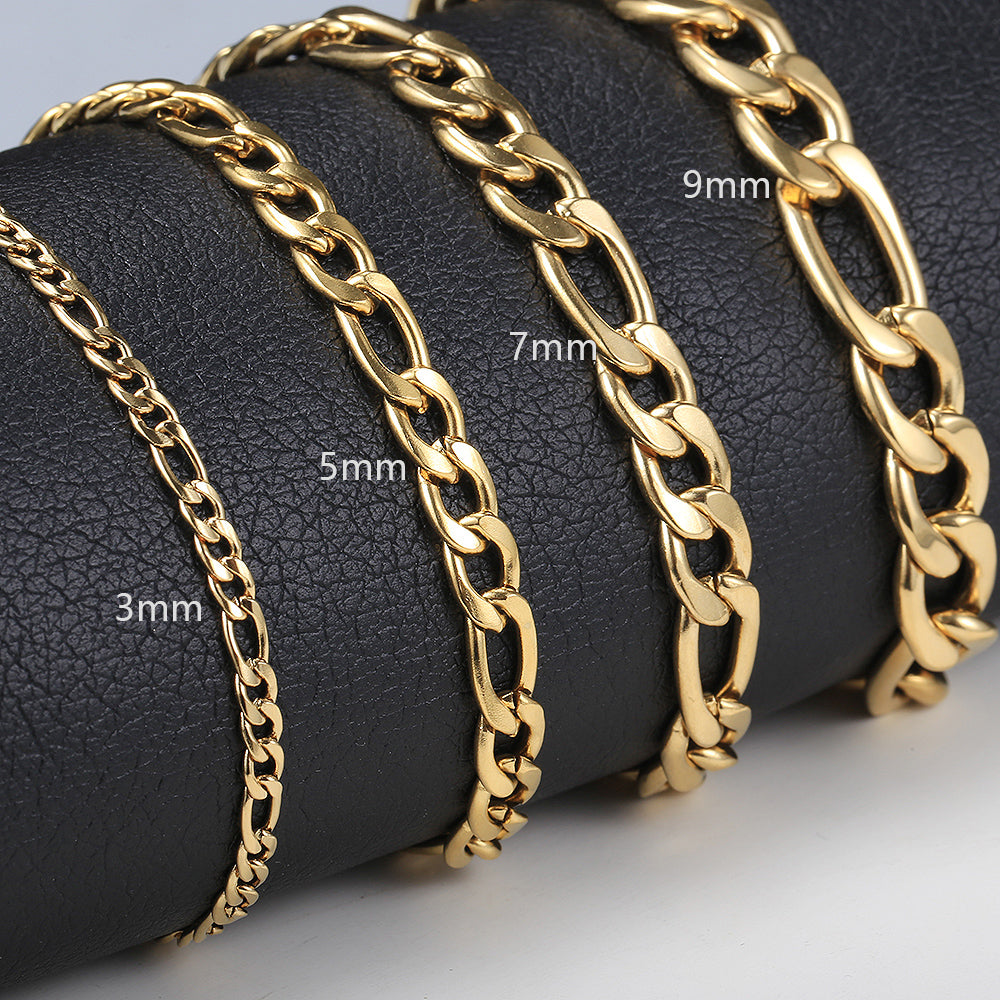 3/5/7/9mm Gold Silver Figaro Chain Bracelet 7-10inch