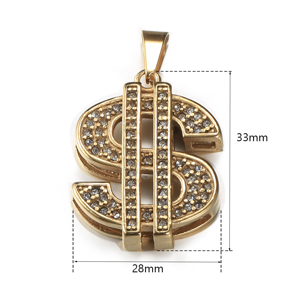2mm US Dollar Symbol Pendant Necklace CZ Charm Box Chain