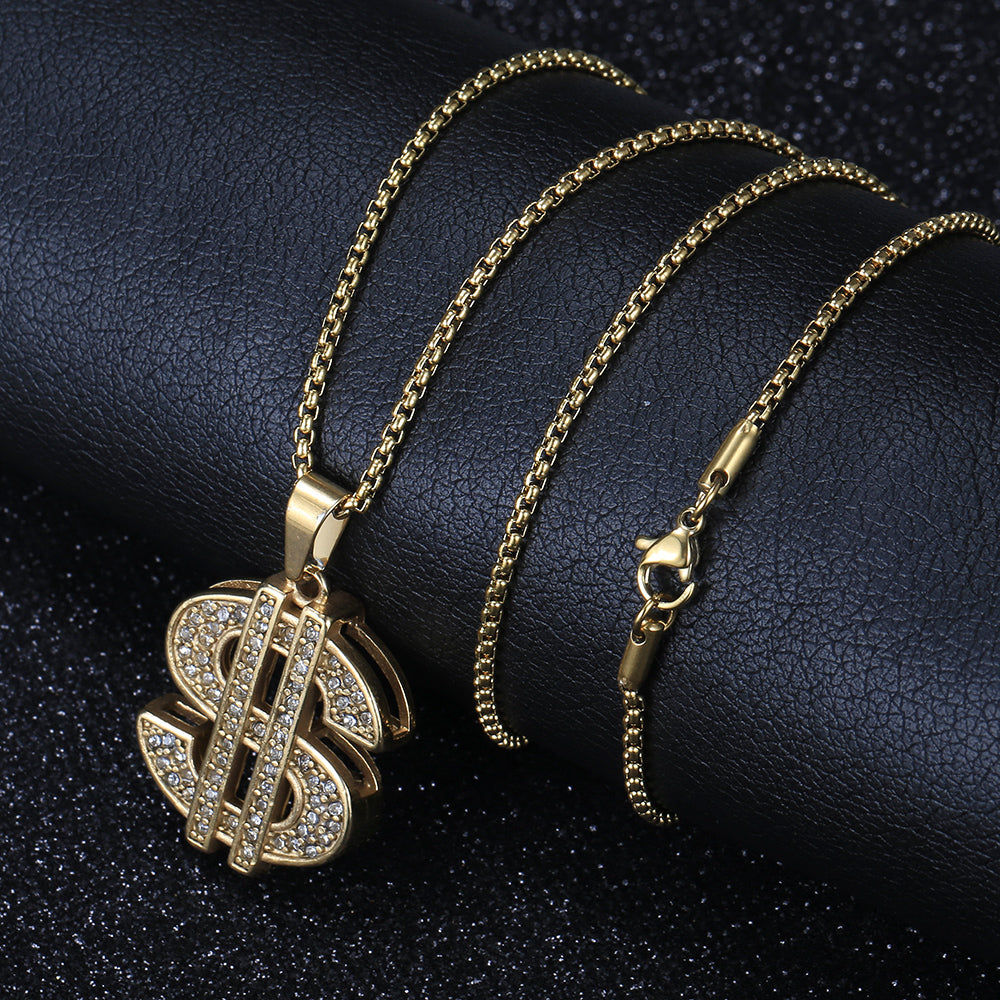 2mm US Dollar Symbol Pendant Necklace CZ Charm Box Chain