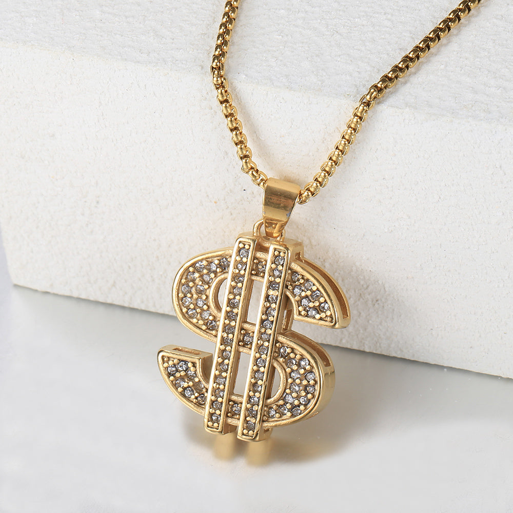 2mm US Dollar Symbol Pendant Necklace CZ Charm Box Chain