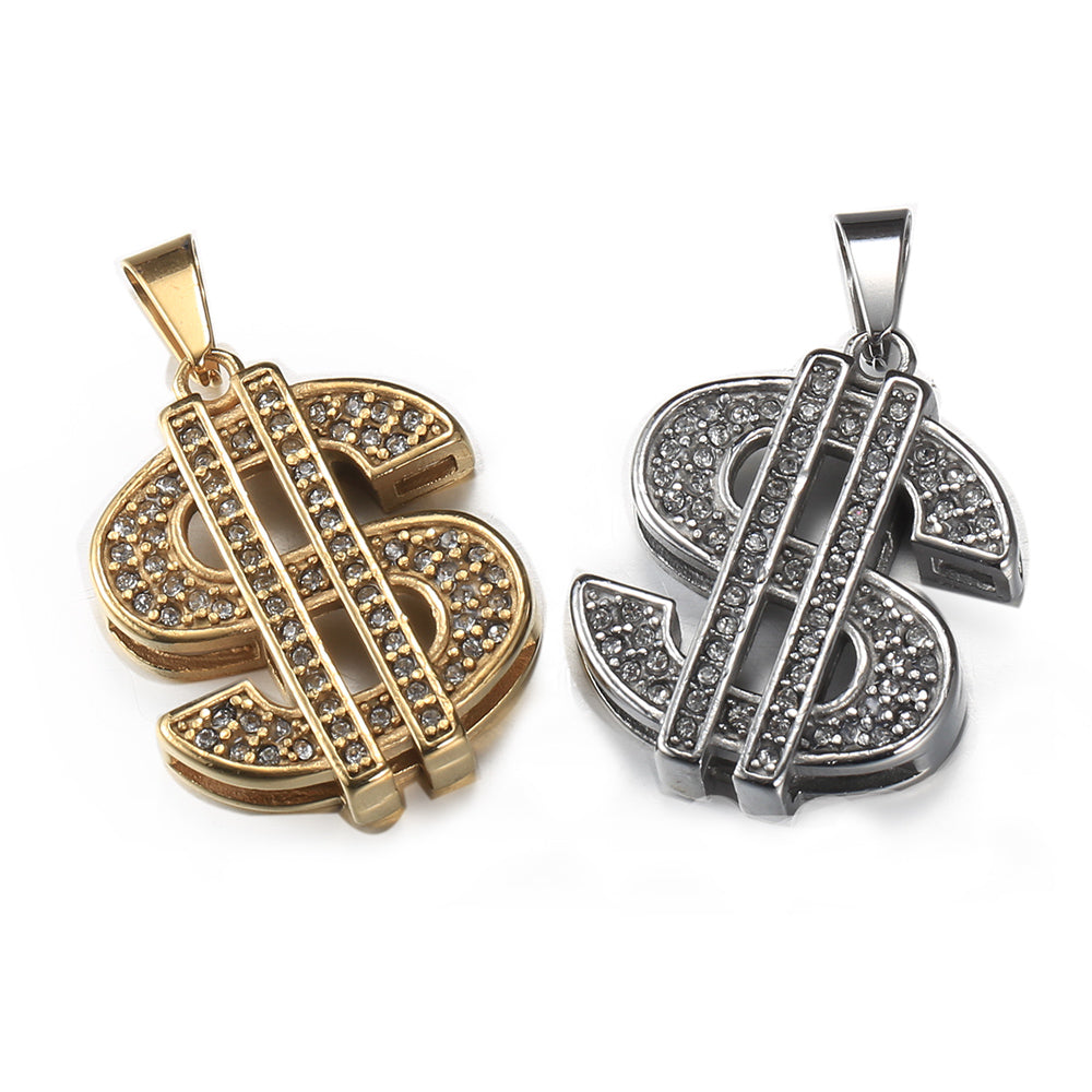 2mm US Dollar Symbol Pendant Necklace CZ Charm Box Chain