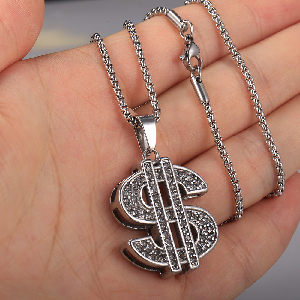 2mm US Dollar Symbol Pendant Necklace CZ Charm Box Chain