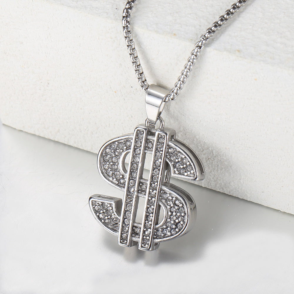 2mm US Dollar Symbol Pendant Necklace CZ Charm Box Chain