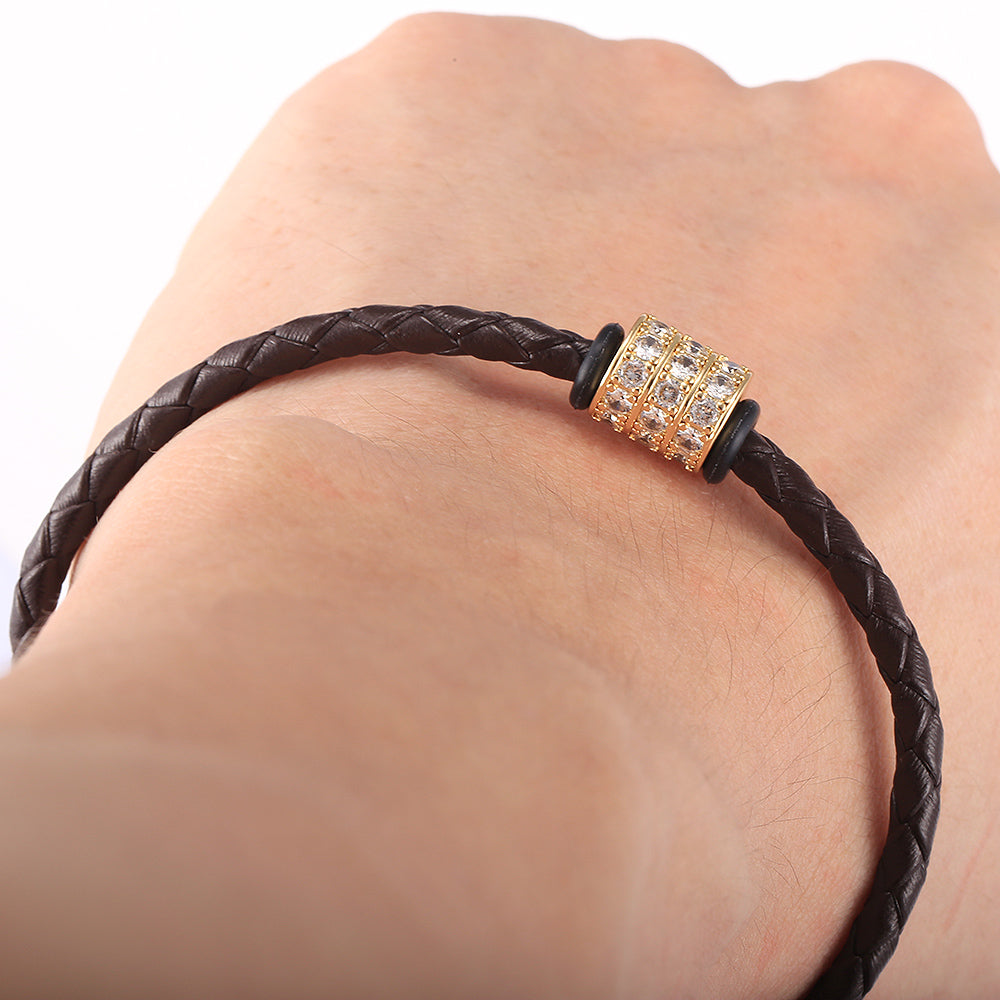 4mm Mens Leather Bracelet CZ Bead Charm Braided Rope Chain