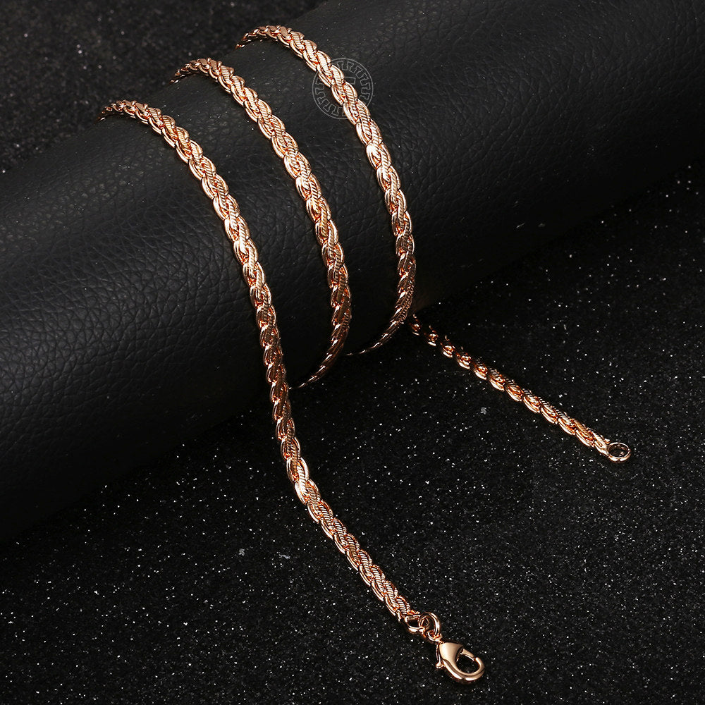 4mm 585 Rose Gold Hammered Braided Wheat Chain Necklace 24inch