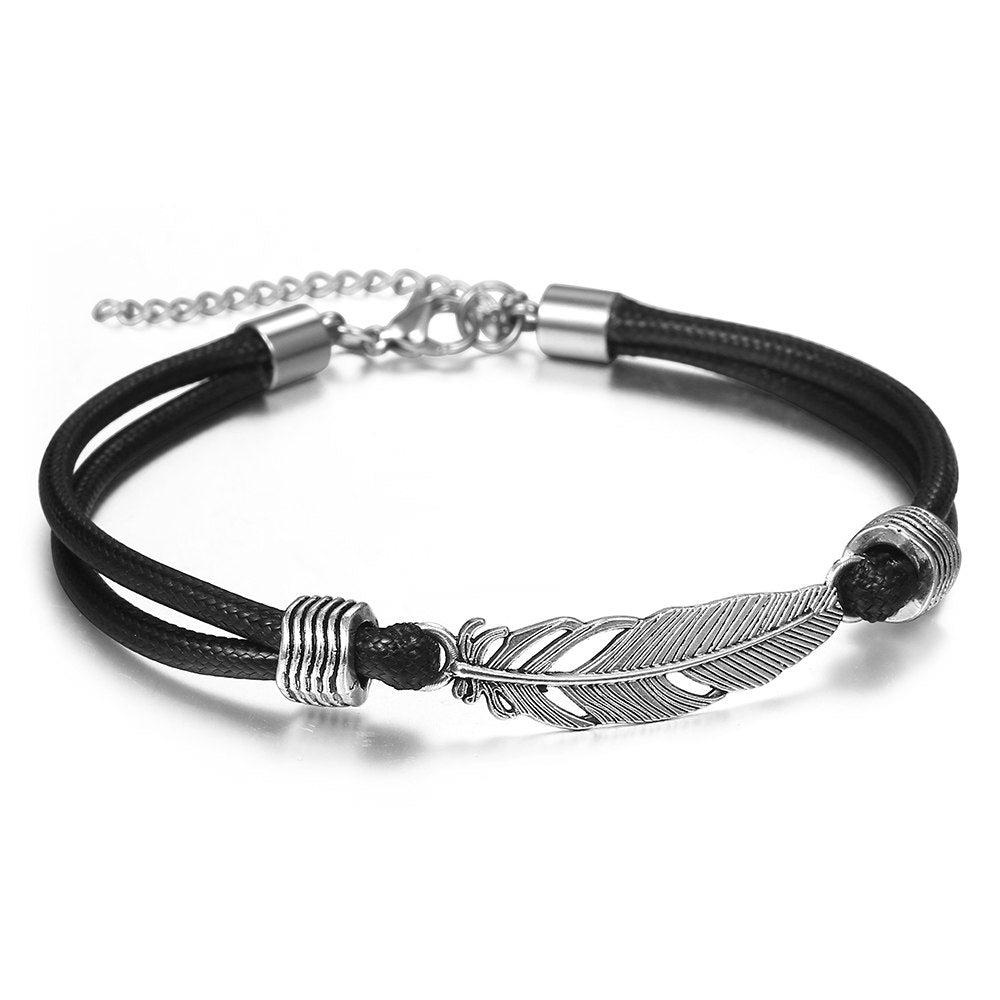 Leather Feather Anklet Stainless Steel Adjustable