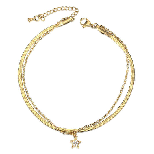 Gold Layered Star Charm Anklet Herringbone Rolo Chain  9+1.5inch