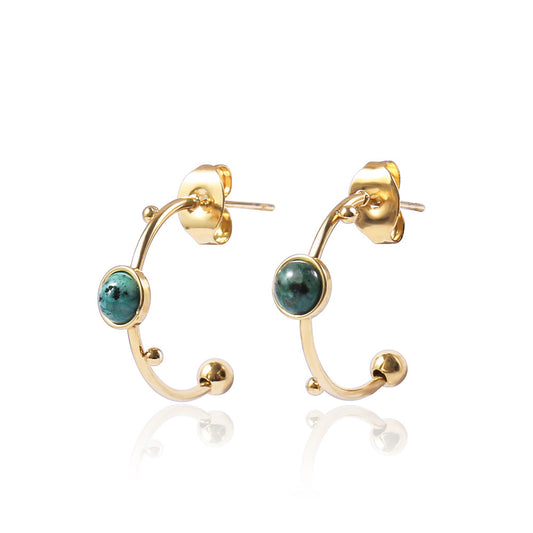 Gold C-shaped Round Bead Earrings Green Stone Hoop Earrings