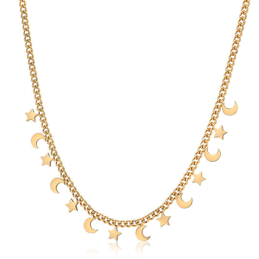 Gold Star Moon Charm Necklace Cuban Chain Crescent Drop Choker 16+2inch
