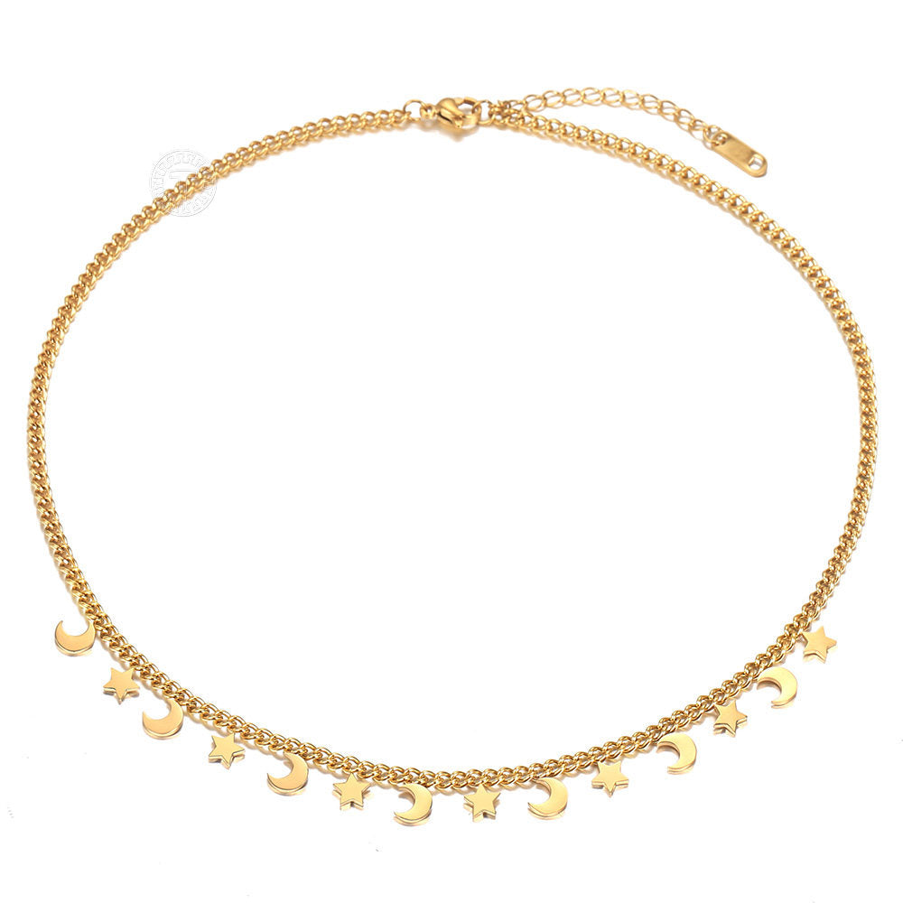 Gold Star Moon Charm Necklace Cuban Chain Crescent Drop Choker 16+2inch