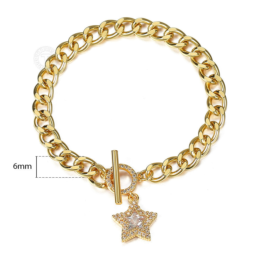 6mm Gold CZ Paved Star Charm Bracelet Cuban Chain Toggle 7inch