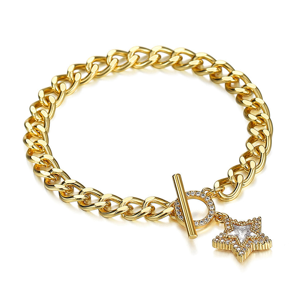 6mm Gold CZ Paved Star Charm Bracelet Cuban Chain Toggle 7inch