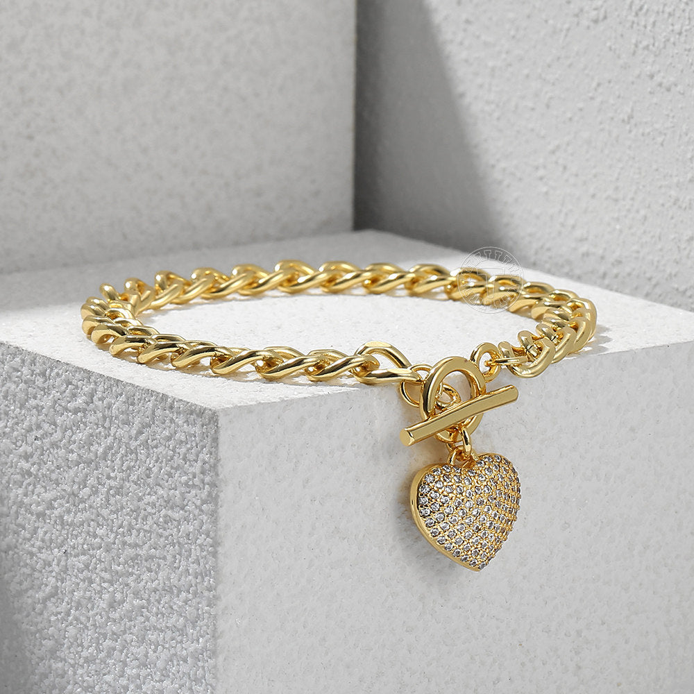 6mm Gold CZ Paved Heart Charm Bracelet Cuban Chain Toggle 7inch