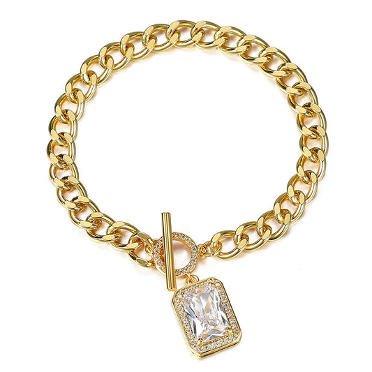 6mm Gold CZ Paved Rectangle Cube Charm Bracelet Cuban Chain Toggle 7inch