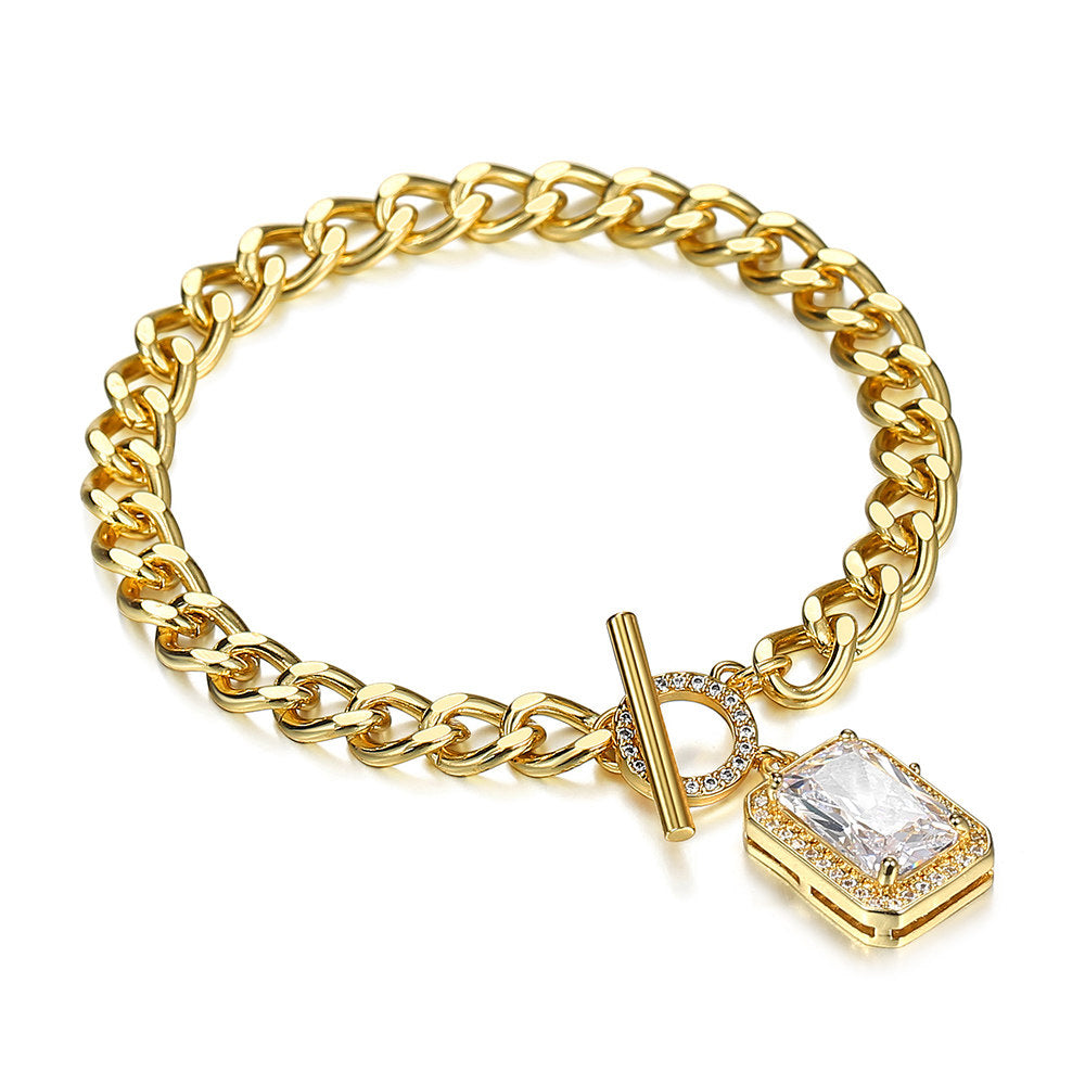 6mm Gold CZ Paved Rectangle Cube Charm Bracelet Cuban Chain Toggle 7inch