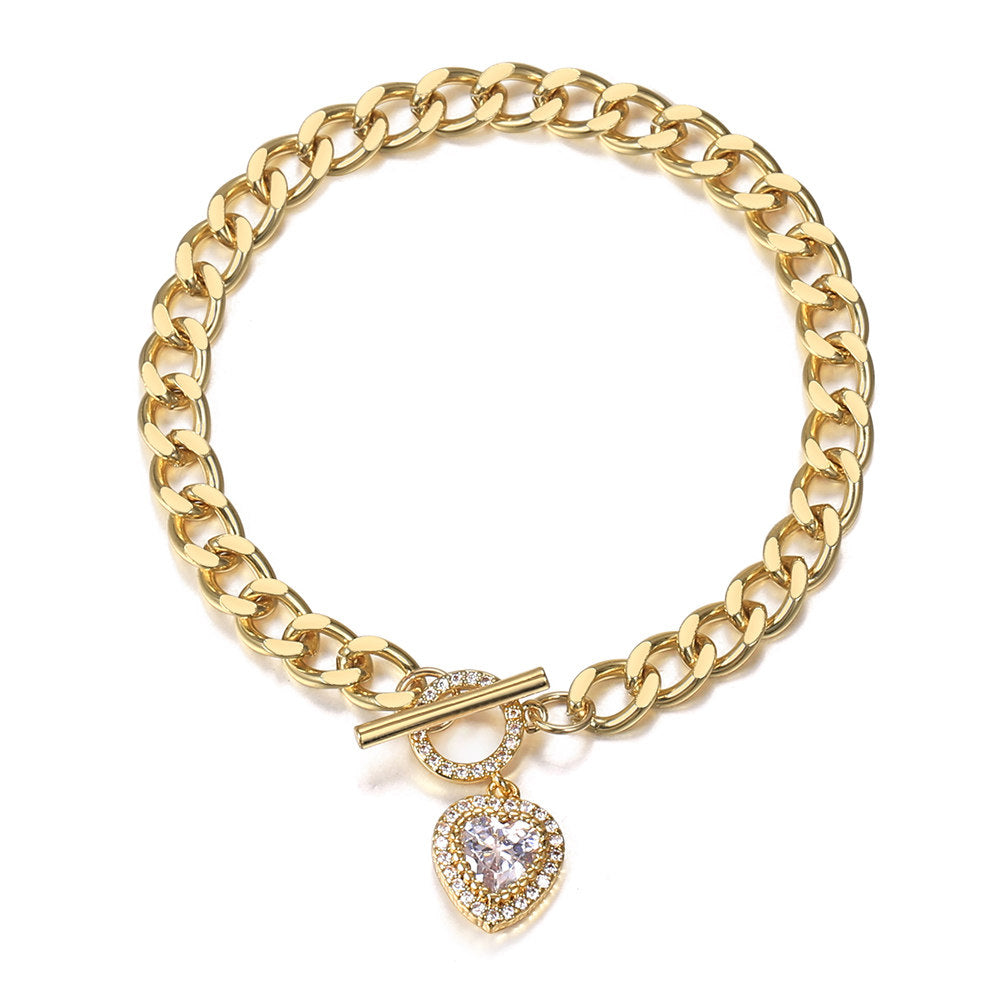 6mm Gold Heart Love Charm Bracelet Cubic Zirconia Heart Pendant Bracelet Toggle 7.5inch