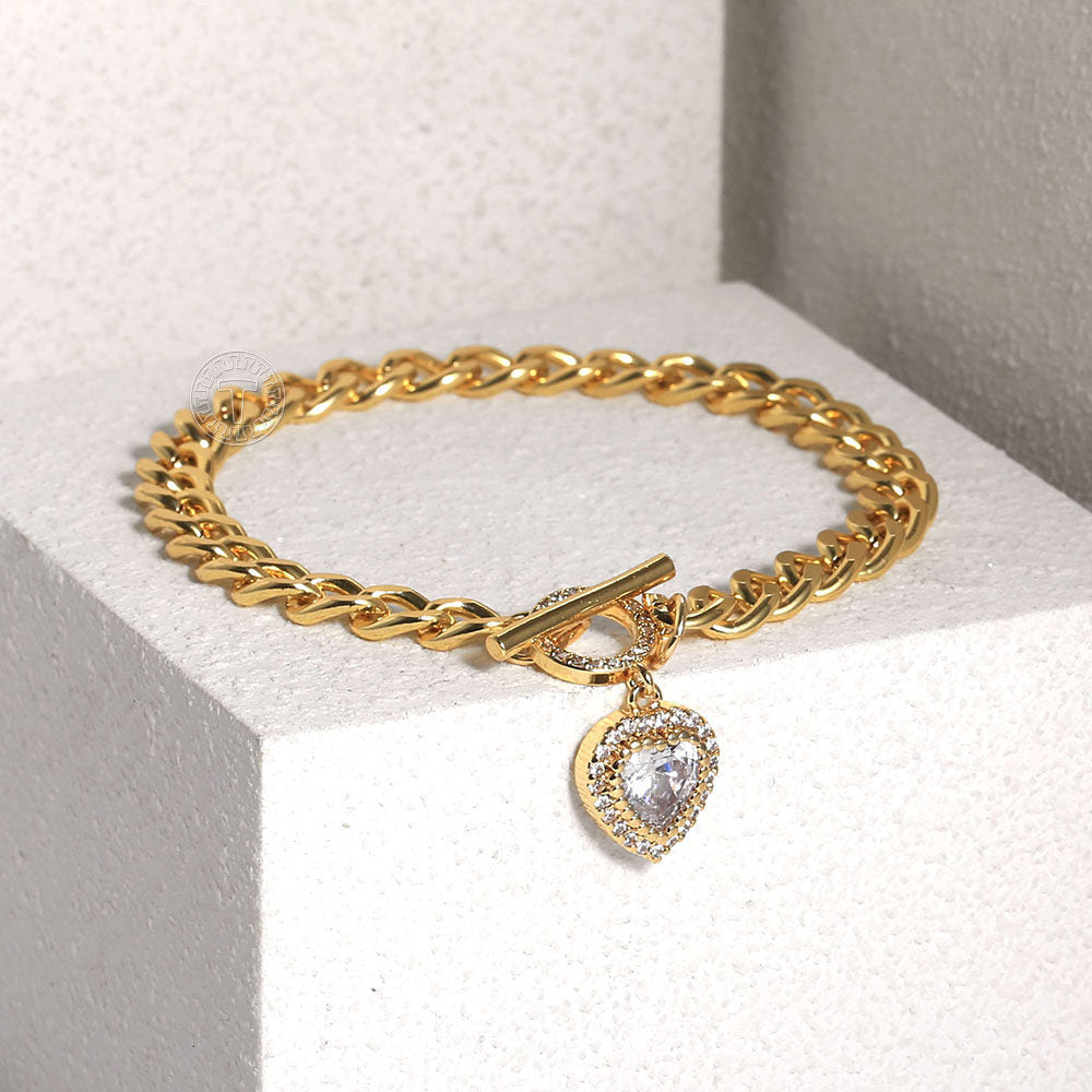 6mm Gold Heart Love Charm Bracelet Cubic Zirconia Heart Pendant Bracelet Toggle 7.5inch