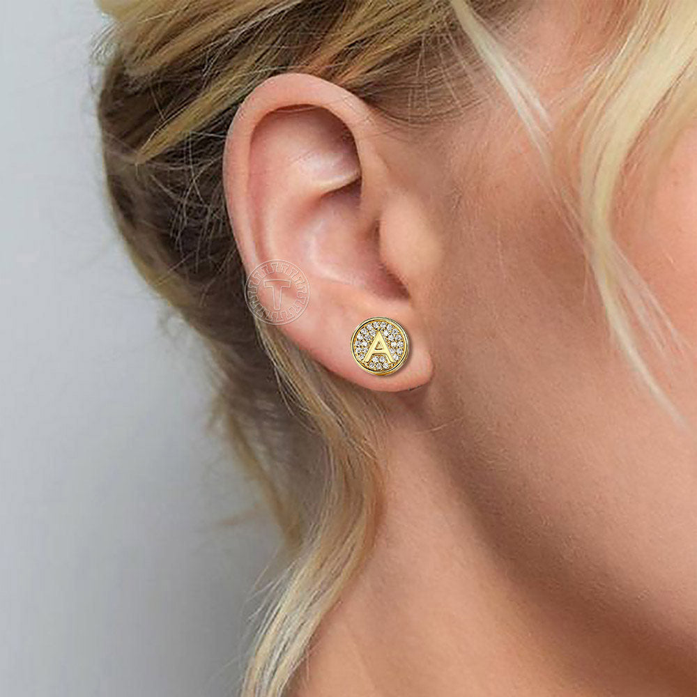 11mm Gold Initial Stud Earrings for Men Women Cubic Zirconia
