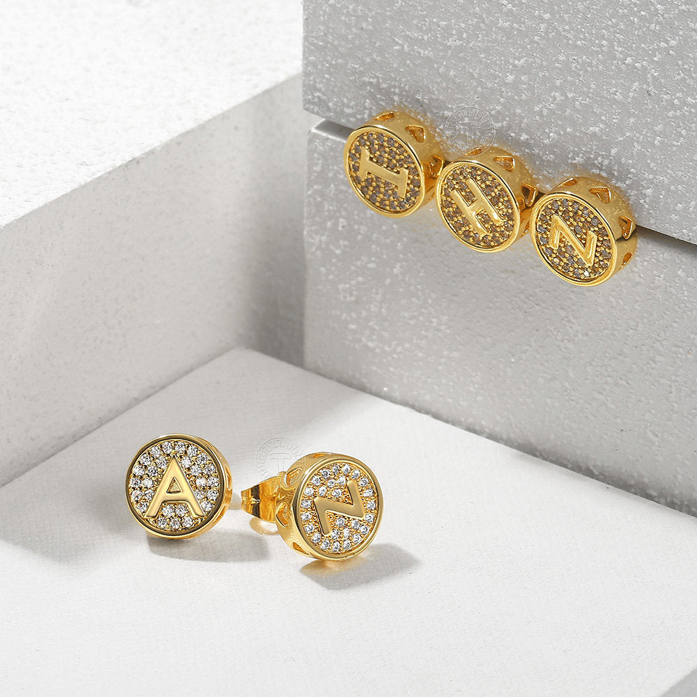 11mm Gold Initial Stud Earrings for Men Women Cubic Zirconia