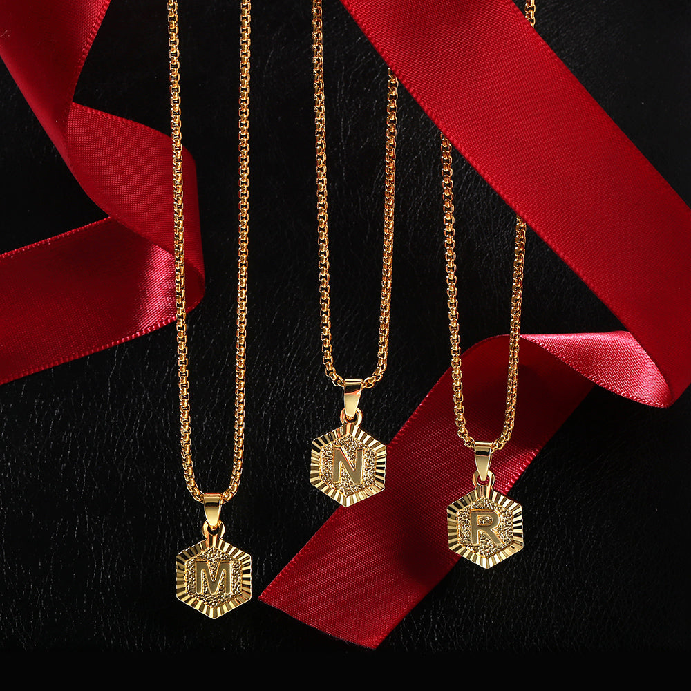 Gold Hexagon Initial Pendant Necklace 18inch