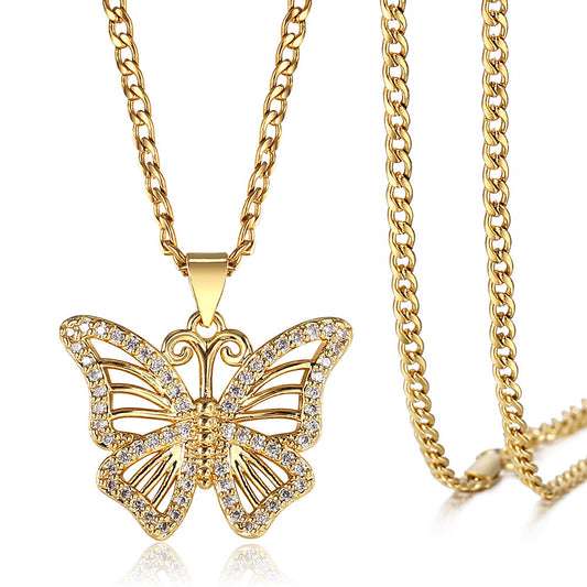 Gold CZ Butterfly Pendant Necklace Cuban Chain 20+2inch