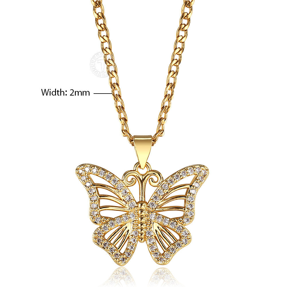 Gold CZ Butterfly Pendant Necklace Cuban Chain 20+2inch