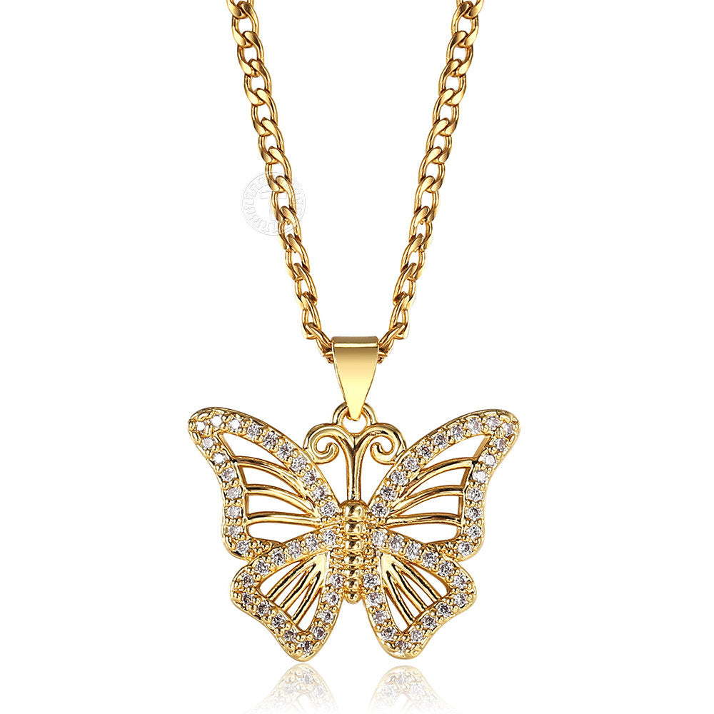 Gold CZ Butterfly Pendant Necklace Cuban Chain 20+2inch