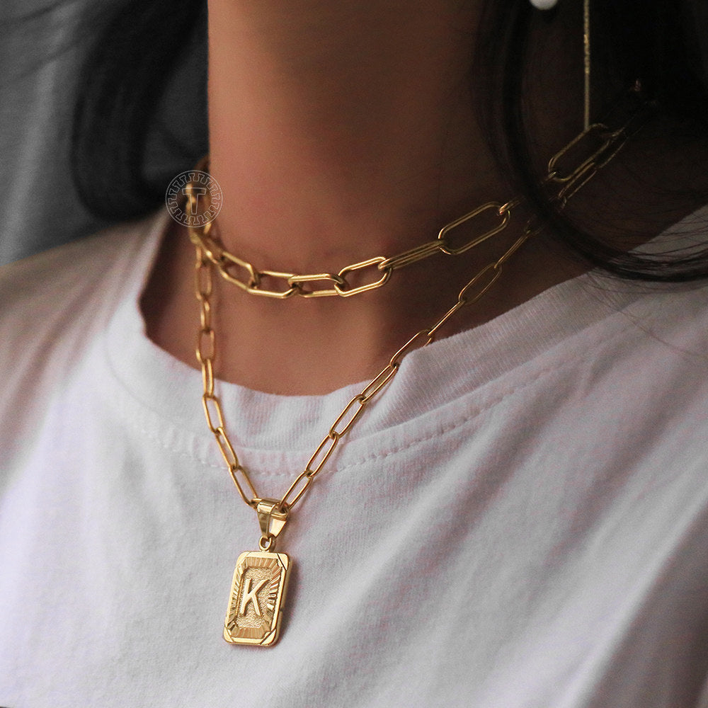 Gold Initial Pendant Necklace Set Monogram Pendant Paperclip Cable Chain Set