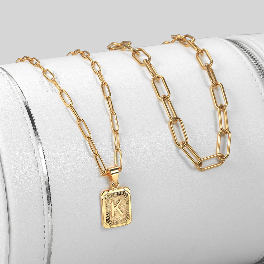 Gold Initial Pendant Necklace Set Monogram Pendant Paperclip Cable Chain Set