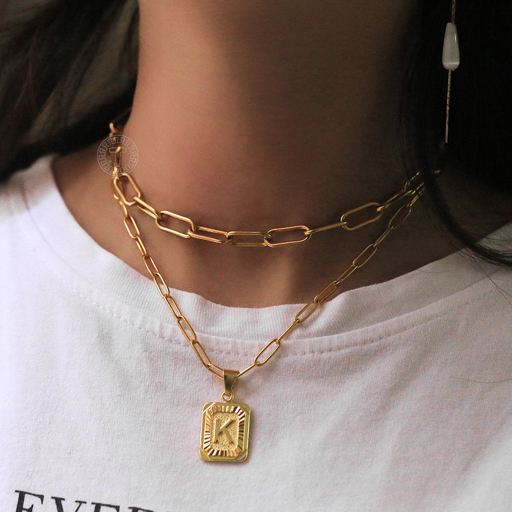 Gold Initial Pendant Necklace Set Monogram Pendant Paperclip Cable Chain Set