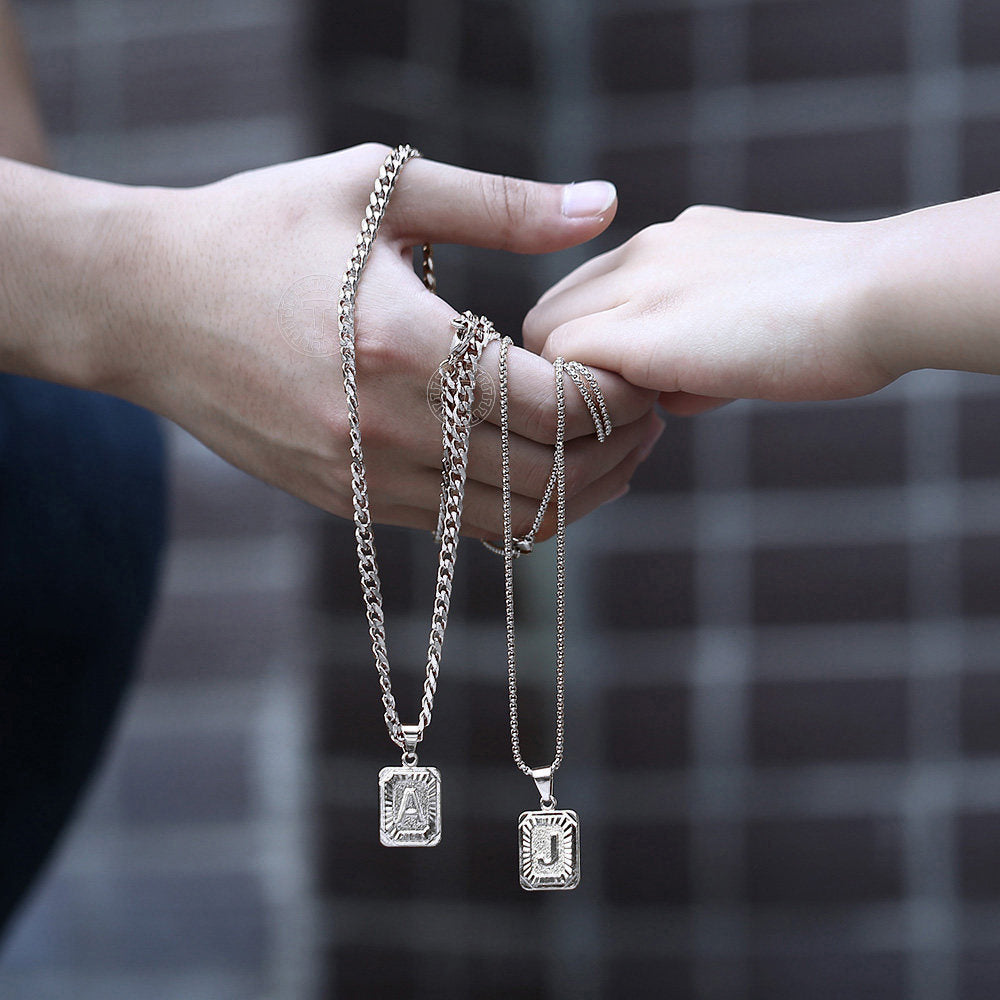 White Gold Initial Card Pendant Necklace 22inch