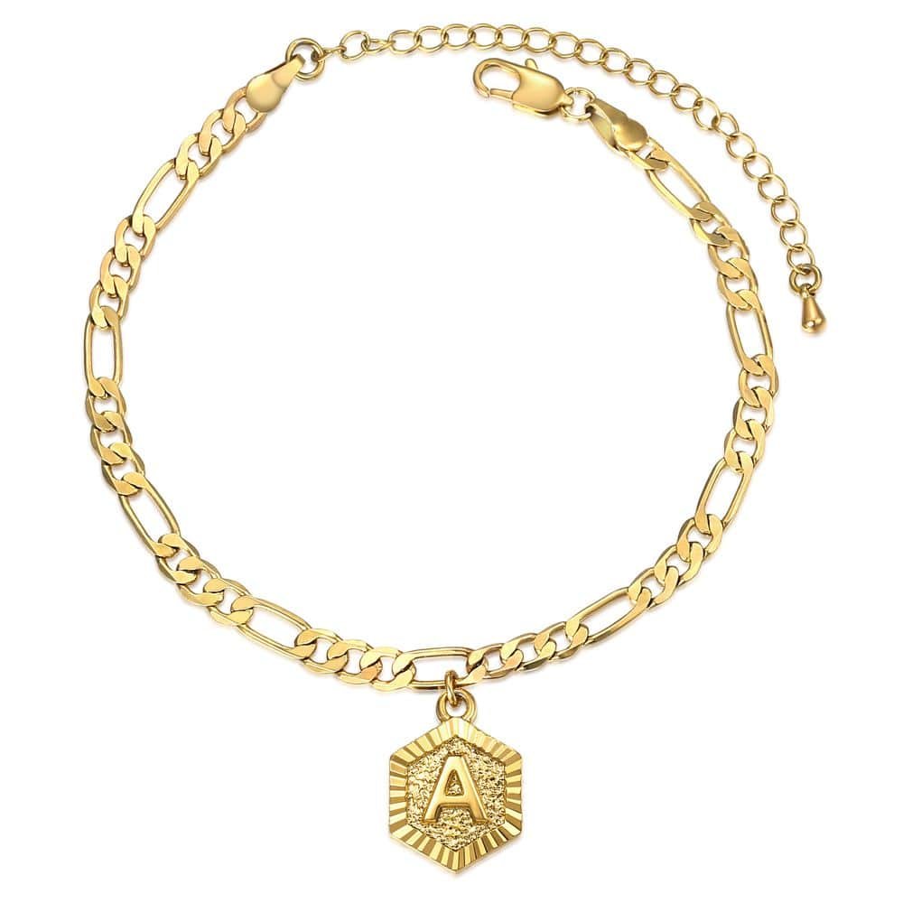 Gold Hexagon Initial Charm Anklet 8+3inch