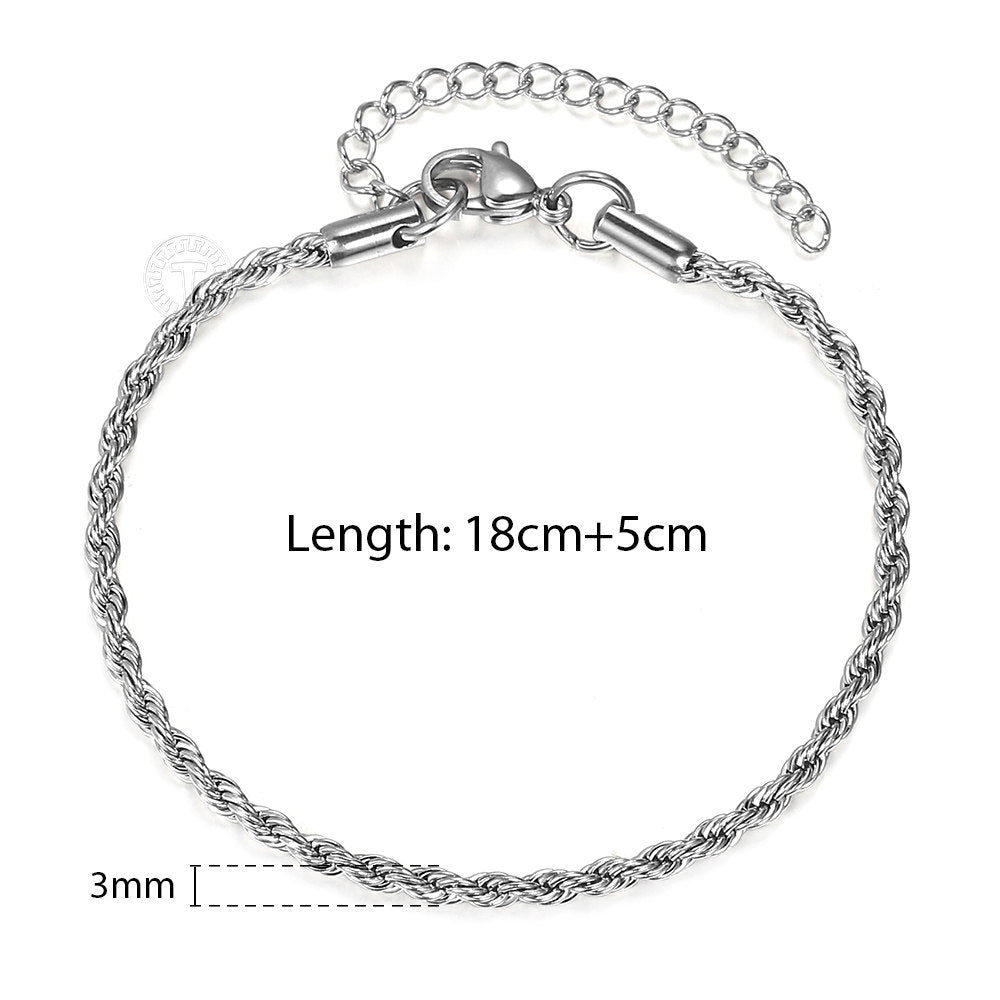 3mm Rope Chain Bracelet Stainless Steel 7+2inch